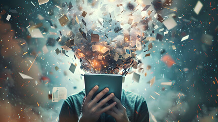 powerful visual metaphor of social media addiction, with a young people  head bursting open from the pressure of excessive information.information illustrated by  brain exploding .	
