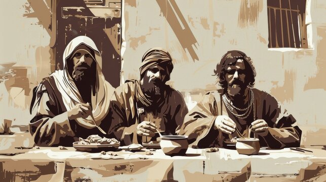 Jesus sits and eats at the table with publicans and sinners.