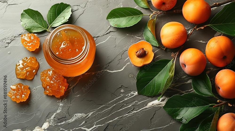 Poster a jar of honey sits atop a table beside a cluster of apricots also resting on the table