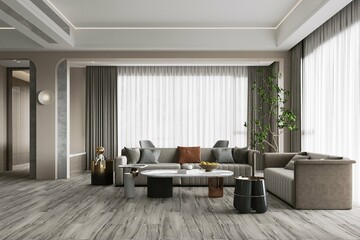 Luxurious interior living room with grey tile flooring and walls, a cozy sofa with a ceramic coffee table in the middle, a gray sofa rug, wooden furniture, and decor wall aside to enhance the look. 3D