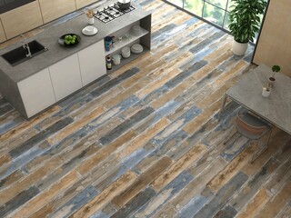 Modern spacious kitchen with a large island. There are growing herbs on the side and on the countertop. On the other side of the counter there are fruits to make something healthy, wooden dining table