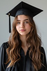 Young woman in graduation cap and gown on a white background, celebrating her academic success. Ideal for educational and graduation content.