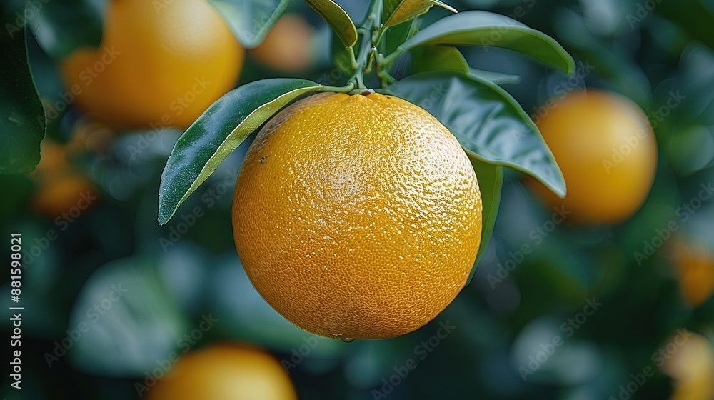 Poster a cluster of oranges dangling from a branch, adorned with glistening dewdrops on their summits