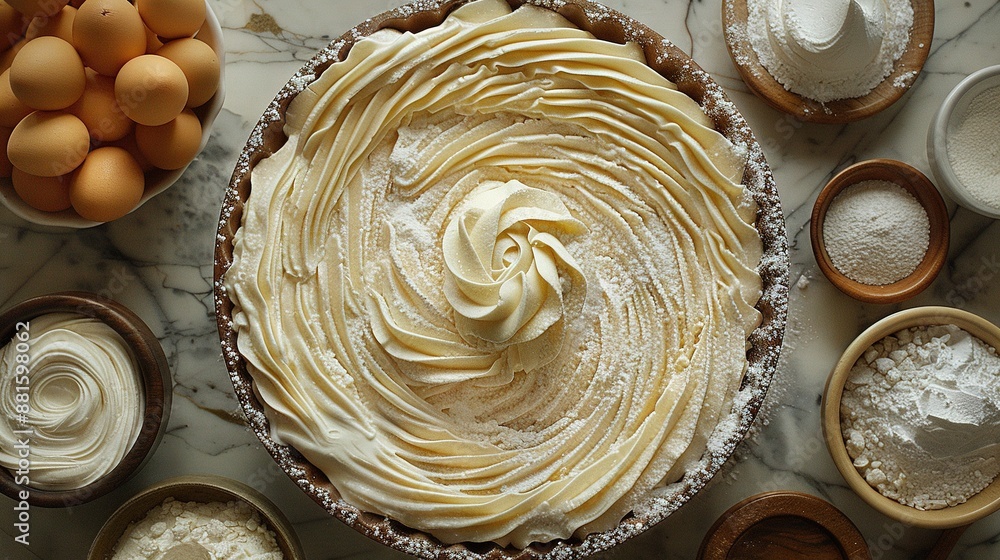 Poster a pie atop a table with surrounding doughnuts and baking utensils