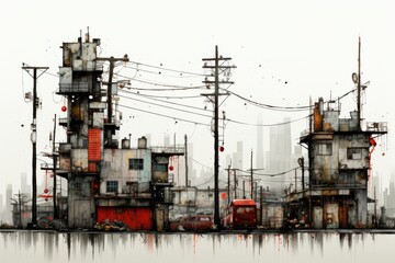 Fototapeta premium Distressed Cityscape with Red Accents