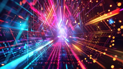 Illuminated Dimensions - Vibrant Neon Lights and Geometric Shapes in Abstract Futuristic Digital Background