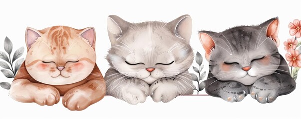 Adorable illustration of three sleeping kittens, beautifully drawn with delicate details, perfect for cat lovers and art enthusiasts.