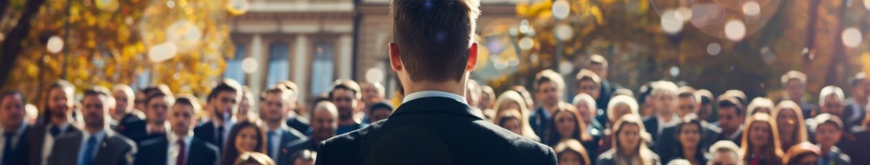Fototapeta premium Abstract Wallpaper of Man Giving Speech to Party Members Outdoors, Captured by TV Cameras for Breaking News Coverage. AI-Generated High-Resolution Background for Media and Headlines