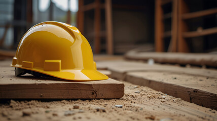 Yellow safety helmet. Industrial protective gear on wooden table. Construction Safety with Helmet Placement. Ai generative