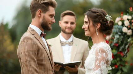 Officiant leading a traditional outdoor wedding ceremony, Vows, Serene and natural setting