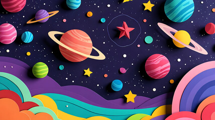 Illustration a cosmic scene with planets, stars, and galaxies made of paper cutouts, creating a unique and textured representation of the universe
