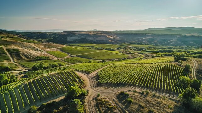An aerial view captured by a drone, showcasing vineyard fields in the Somontano Designation of Origin wine region, located in the province of Huesca, Aragon, Spain.