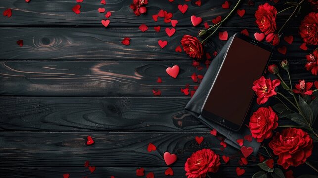 Vintage background with red flowers hearts smartphone and love message on black wooden surface Top view with room for text - Powered by Adobe