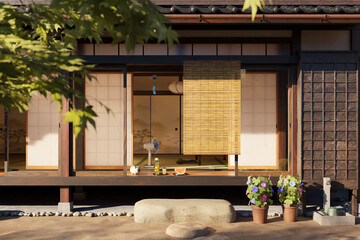 夕日が差し込む夏の日本家屋の縁側 / 夏休み・帰省・田舎の実家・昭和レトロなロケーションイメージ / 3Dレンダリング