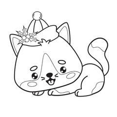Cute Christmas kitty in Santa hat. Outline New Year cartoon kawaii animal. Line drawing, coloring book. Vector illustration. Kids collection.