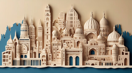 Obraz premium An illustration featuring famous architectural structures made of paper cutouts, showcasing the intricate details and craftsmanship of iconic buildings 