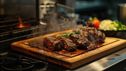 Grilled beef on a wood chop board in kitchen in the restaurant. Image of beef steak. copy space for text.