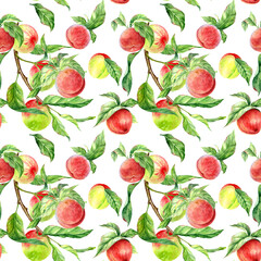 Seamless patterns yellow-green and red Peaches with leaves