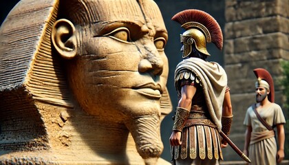 A detailed, focused image of a character in traditional attire of a different ancient civilization standing close to a massive Sphinx.