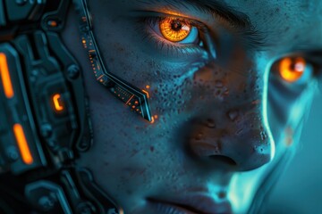 Explores the intersection of humanity and technology through a cyborg portrait.