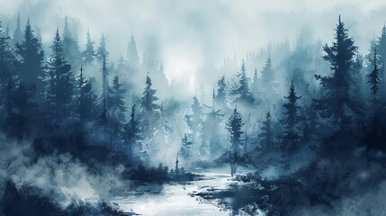 Watercolor foggy forest landscape illustration.	
