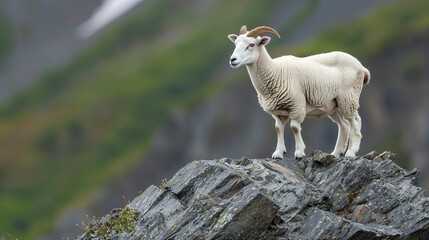 Fototapeta premium A Dall sheep ewe photographed near the Seward Highway in South-central Alaska during the summer, depicting the natural beauty and wildlife of the region.