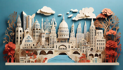 Obraz premium An illustration featuring famous architectural structures made of paper cutouts, showcasing the intricate details and craftsmanship of iconic buildings 