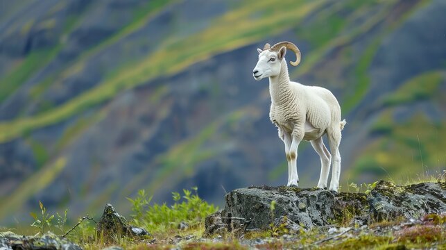A Dall sheep ewe photographed near the Seward Highway in South-central Alaska during the summer, depicting the natural beauty and wildlife of the region.