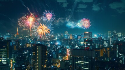Fototapeta premium Colorful festive fireworks illuminating the night sky above the city, creating a dazzling display of light and celebration.