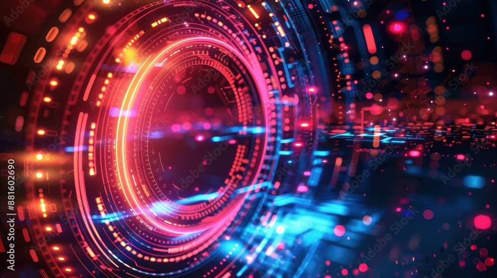 Poster illuminated circles of the future - abstract digital technology background with vibrant colors and g
