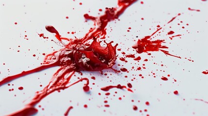 A fresh red blood splatter on white porcelain, with tiny specks scattered from the impact, creating a stark and visceral image suitable for horror-themed concepts.