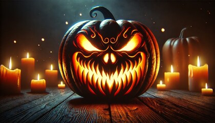 A menacing carved pumpkin with a fierce, glowing expression.