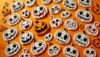 A close-up shot of paper cutouts featuring different Jack-o'-lantern faces in various expressions, arranged creatively on a bright orange background.