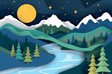 A paper art representation of an outdoor night scene with mountains, rivers, and a starry sky. Suitable for travel and adventure themes.