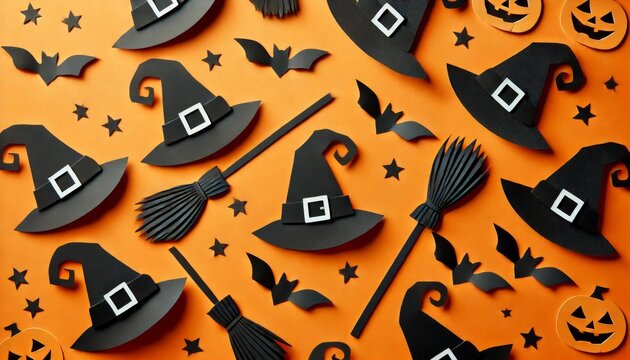 A close-up shot of paper cutouts featuring black witch hats and brooms, arranged creatively on a bright orange background.