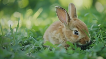 Elegant baby rabbit easing on lush grass