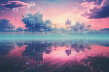 Digital Skyline Reflecting in a Calm Sea at Sunset
