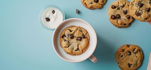 Obraz premium grinding cookies with milk on a light blue background for World Chocolate Chip Cookie Day, a hand holding a glass of white cream and a paper cup filled with food