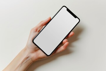Smartphone mockup on hand with white blank screen created with Generative AI