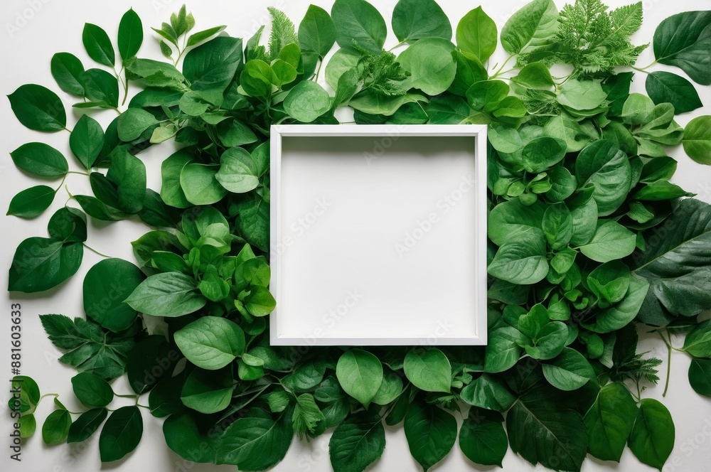 Sticker Blank white frame surrounded lush green foliage