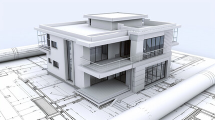 3D model home architecture blueprints for new house construction and design project with residential building plans and blueprint layout