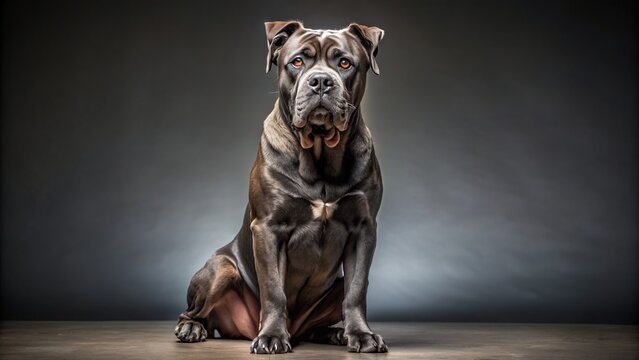Wide shot of a Cane Corso sitting, studio portrait.