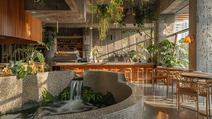 Obraz premium Interior architecture photo of a nature inspired brutalist cafe, a rounded granite countertop in the middle with an indoor river flowing around, plants hang on the granite walls. copy space for text.