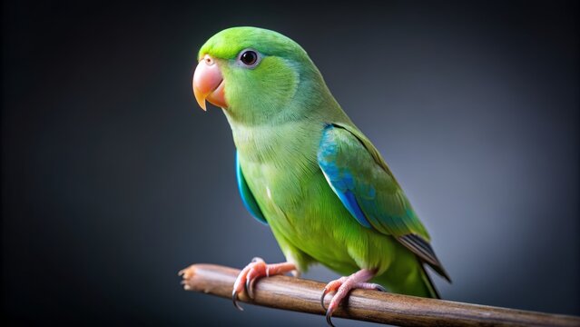 Wide shot of a Parrotlet perched, studio portrait.