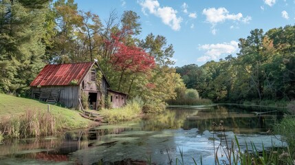 Fototapeta premium Roanoke, Virginia, USA - September 5, 2019: A rustic barn and shack nestled along the tranquil Roanoke River in Virginia, showcasing the area's picturesque rural charm.