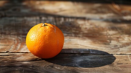 A solitary orange fruit resting on a wooden table, perfect for a scene depicting organic eating.