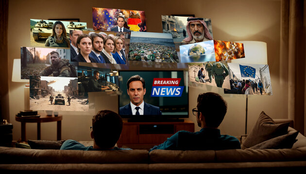 bad news all over the TV and TV news. every day bad worrying news on tv and internet and live stream and news coverage around the world, war inflation poverty problems and worries of the world