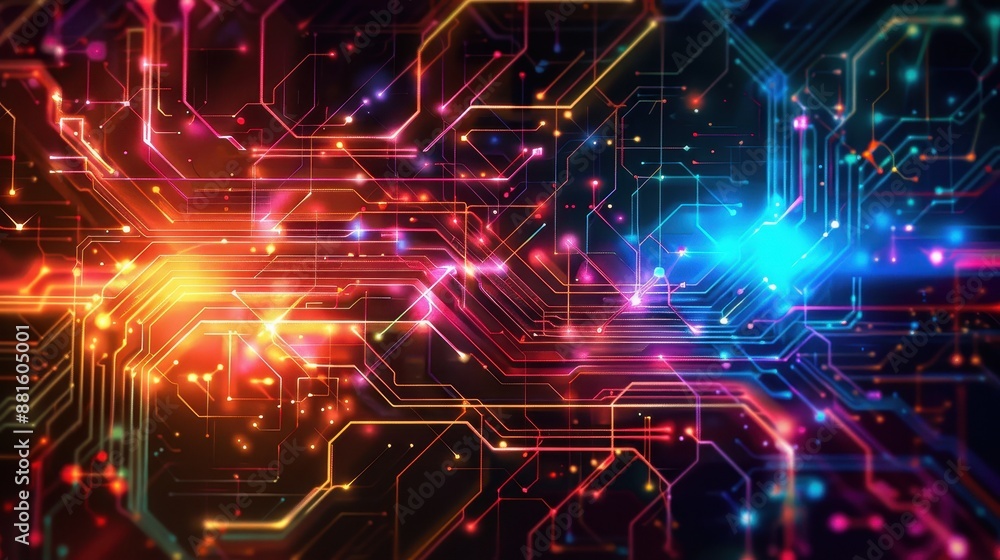 Poster techno glow - abstract futuristic digital circuit board background with vibrant colorful lines