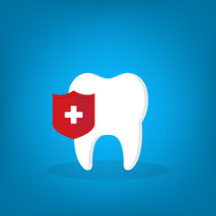 Dental Care, protection. Tooth icon and red protection shield.	