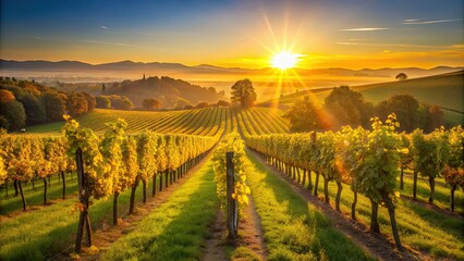 Naklejka premium Vibrant vineyard bathed in the golden light of sunrise , vineyard, sunrise, golden light, agriculture, grapes, winery, landscape